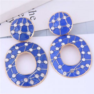 Rhinestone Embellished Oil-spot Glazed Hoop Design Women Costume Earrings - Blue
