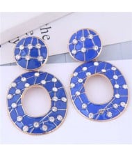 Rhinestone Embellished Oil-spot Glazed Hoop Design Women Costume Earrings - Blue
