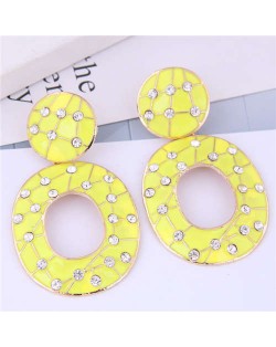 Rhinestone Embellished Oil-spot Glazed Hoop Design Women Costume Earrings - Yellow