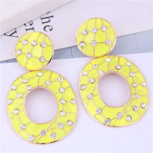 Rhinestone Embellished Oil-spot Glazed Hoop Design Women Costume Earrings - Yellow