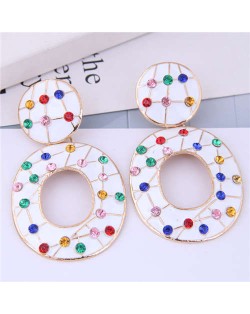 Rhinestone Embellished Oil-spot Glazed Hoop Design Women Costume Earrings - White
