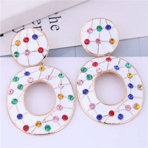Rhinestone Embellished Oil-spot Glazed Hoop Design Women Costume Earrings - White