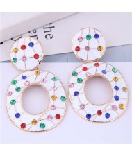 Rhinestone Embellished Oil-spot Glazed Hoop Design Women Costume Earrings - White