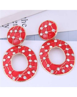 Rhinestone Embellished Oil-spot Glazed Hoop Design Women Costume Earrings - Red