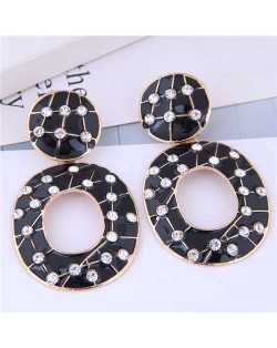 Rhinestone Embellished Oil-spot Glazed Hoop Design Women Costume Earrings - Black