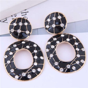 Rhinestone Embellished Oil-spot Glazed Hoop Design Women Costume Earrings - Black