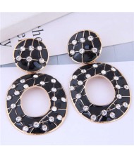 Rhinestone Embellished Oil-spot Glazed Hoop Design Women Costume Earrings - Black