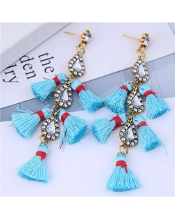 Cotton Threads Tassel Rhinestone Design High Fashion Women Statement Earrings - Blue