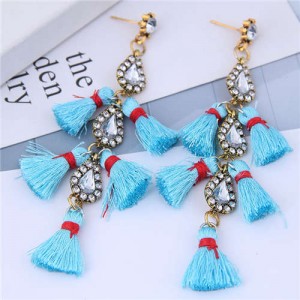 Cotton Threads Tassel Rhinestone Design High Fashion Women Statement Earrings - Blue