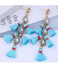 Cotton Threads Tassel Rhinestone Design High Fashion Women Statement Earrings - Blue