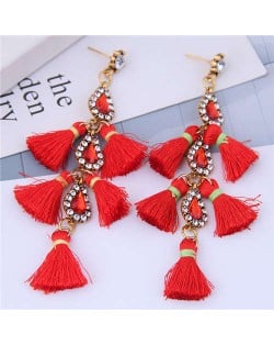 Cotton Threads Tassel Rhinestone Design High Fashion Women Statement Earrings - Red