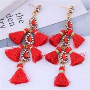 Cotton Threads Tassel Rhinestone Design High Fashion Women Statement Earrings - Red
