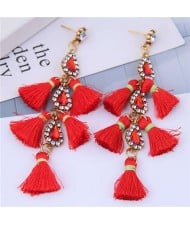 Cotton Threads Tassel Rhinestone Design High Fashion Women Statement Earrings - Red