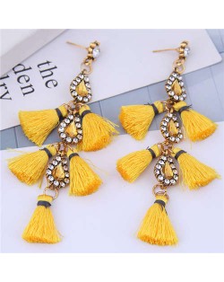 Cotton Threads Tassel Rhinestone Design High Fashion Women Statement Earrings - Yellow