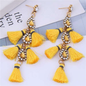 Cotton Threads Tassel Rhinestone Design High Fashion Women Statement Earrings - Yellow