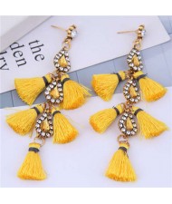 Cotton Threads Tassel Rhinestone Design High Fashion Women Statement Earrings - Yellow