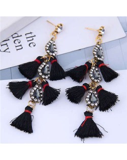 Cotton Threads Tassel Rhinestone Design High Fashion Women Statement Earrings - Black