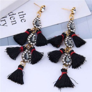 Cotton Threads Tassel Rhinestone Design High Fashion Women Statement Earrings - Black