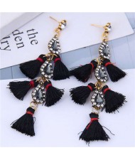 Cotton Threads Tassel Rhinestone Design High Fashion Women Statement Earrings - Black