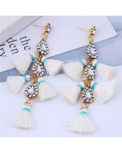 Cotton Threads Tassel Rhinestone Design High Fashion Women Statement Earrings - White