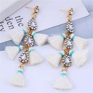 Cotton Threads Tassel Rhinestone Design High Fashion Women Statement Earrings - White