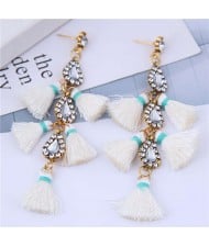 Cotton Threads Tassel Rhinestone Design High Fashion Women Statement Earrings - White