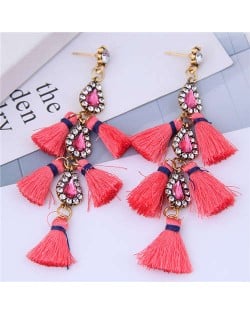 Cotton Threads Tassel Rhinestone Design High Fashion Women Statement Earrings - Watermelon
