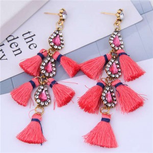 Cotton Threads Tassel Rhinestone Design High Fashion Women Statement Earrings - Watermelon