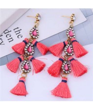 Cotton Threads Tassel Rhinestone Design High Fashion Women Statement Earrings - Watermelon