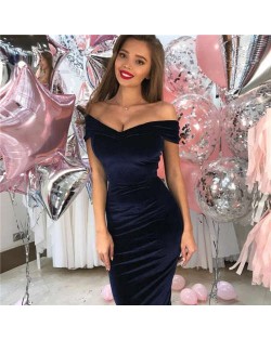 V-neck Graceful Fashion Evening One-piece Women Dress - Dark Blue