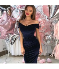 V-neck Graceful Fashion Evening One-piece Women Dress - Dark Blue