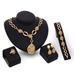 Rhinestone Inlaid Hollow Waterdrop Pendants Luxurious Design 4pcs Jewelry Set