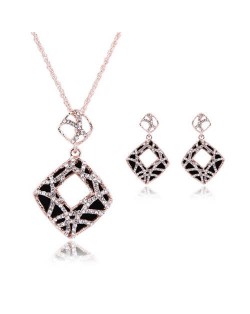 Rhinestone Inlaid Hollow Square Pendant Design 3pcs High Fashion Costume Jewelry Set