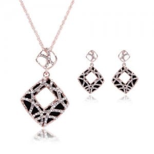Rhinestone Inlaid Hollow Square Pendant Design 3pcs High Fashion Costume Jewelry Set
