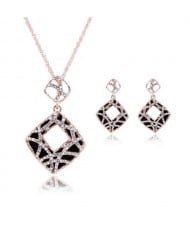 Rhinestone Inlaid Hollow Square Pendant Design 3pcs High Fashion Costume Jewelry Set