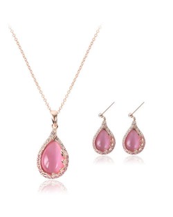 Pink Gem Inlaid Waterdrops Design Bridal Fashion Jewelry Set