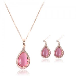 Pink Gem Inlaid Waterdrops Design Bridal Fashion Jewelry Set