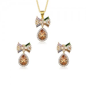 Rhinestone and Glass Bowknot Elegant Style Women Costume Jewelry Set