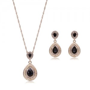 Gem Embellished Waterdrop Design Luxurious Fashion Women Jewelry Set - Black
