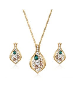 Gem and Pearl Embellished Bean Pendant Women Fashion Statement Jewelry Set