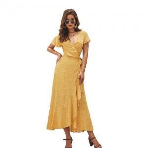 Ruffle Design V-neck Short Sleeves High Fashion Women Dress - Yellow