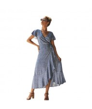 Ruffle Design V-neck Short Sleeves High Fashion Women Dress - Blue
