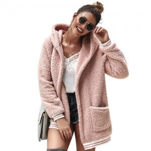 High Fashion Fluffy Style Long Sleeves Winter Fashion Hooded Women Top - Pink