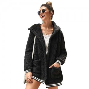High Fashion Fluffy Style Long Sleeves Winter Fashion Hooded Women Top - Black