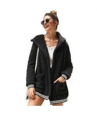 High Fashion Fluffy Style Long Sleeves Winter Fashion Hooded Women Top - Black