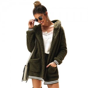 High Fashion Fluffy Style Long Sleeves Winter Fashion Hooded Women Top - Dark Green