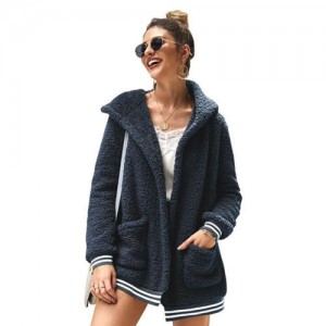 High Fashion Fluffy Style Long Sleeves Winter Fashion Hooded Women Top - Royal Blue