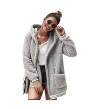 High Fashion Fluffy Style Long Sleeves Winter Fashion Hooded Women Top - Gray