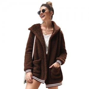 High Fashion Fluffy Style Long Sleeves Winter Fashion Hooded Women Top - Brown