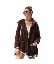 High Fashion Fluffy Style Long Sleeves Winter Fashion Hooded Women Top - Brown